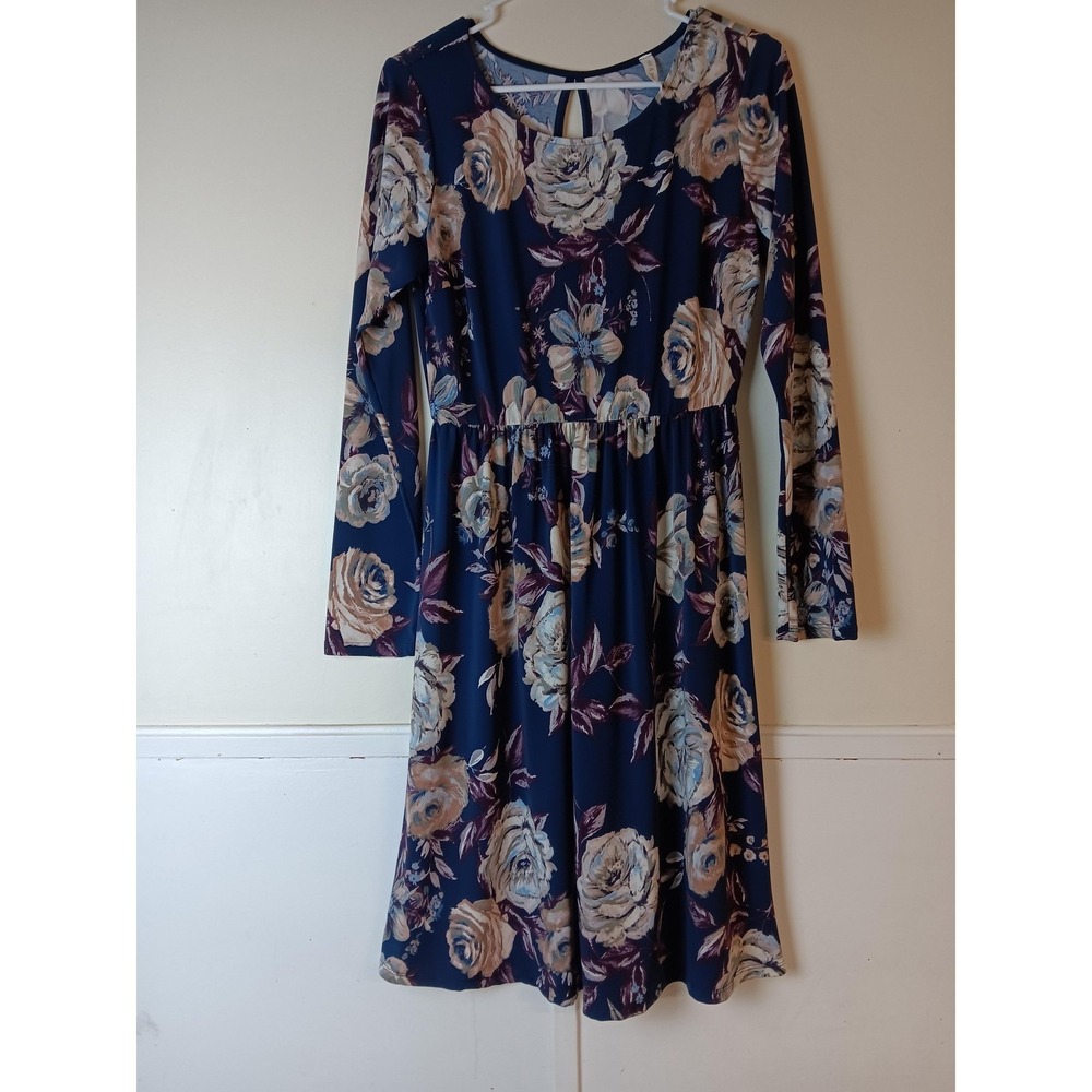 Mia & Tess Dress Womens Medium Blue Floral Fit & Flare Long Sleeve Knee Length